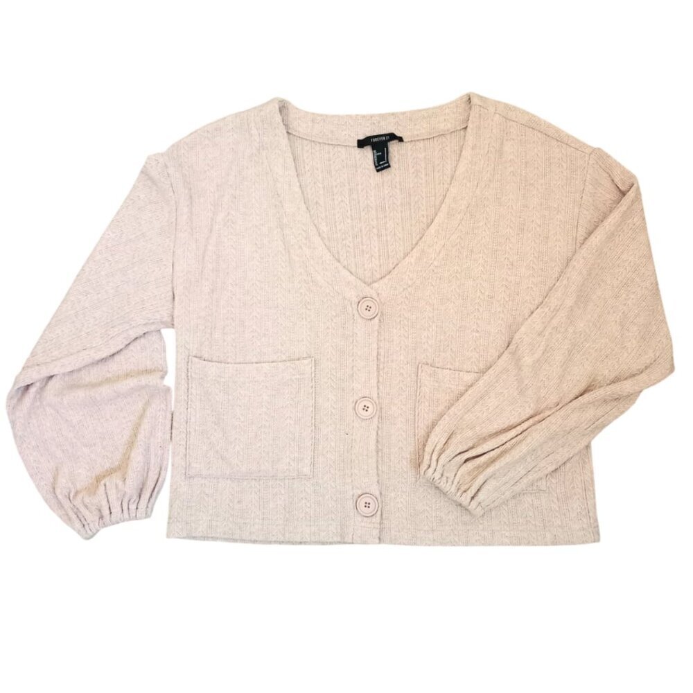 Forever 21 Beige Ribbed Knit Cardigan – Button Front, Long Sleeve, Size S